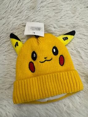 Yellow Pikachu kid beanie with embroidered face and ears very warm